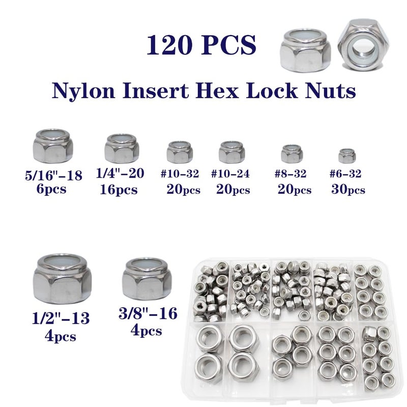 STORMCUBE 120 pcs Nylon Insert Hex Lock Nuts #6-32#8-32#10-24#10-32 1/4-20 5/16"-18 3/8"-16 1/2"-13 Assortment Kit 304 Stainless Steel Self-Locking Nylon Lock Nuts Plain Finish for Industrial Construction - Image 2